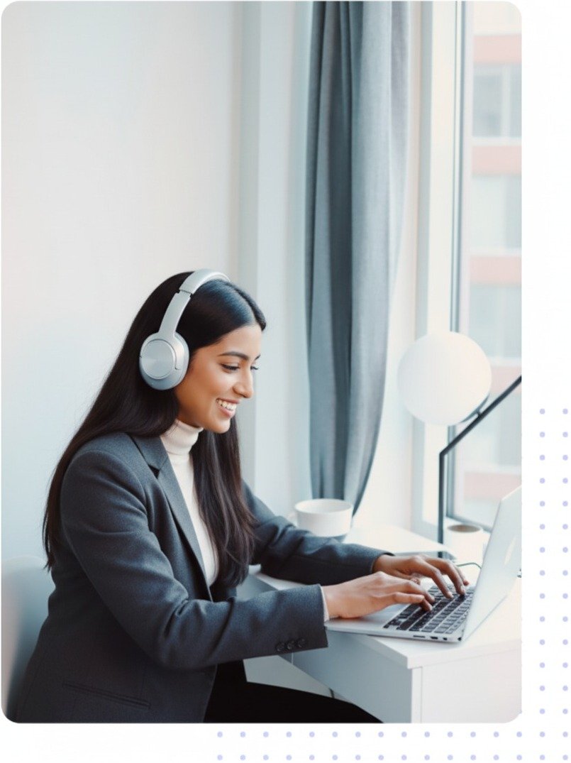 Girl on headphone working with laptop